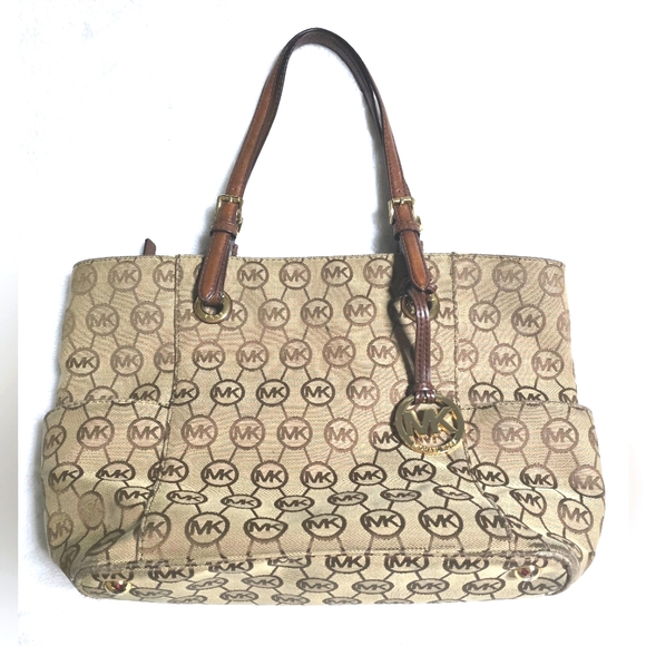 Michael Kors Purse Tan Brown Shoulder Bag Handbag MK Tote - Picture 2 of 15